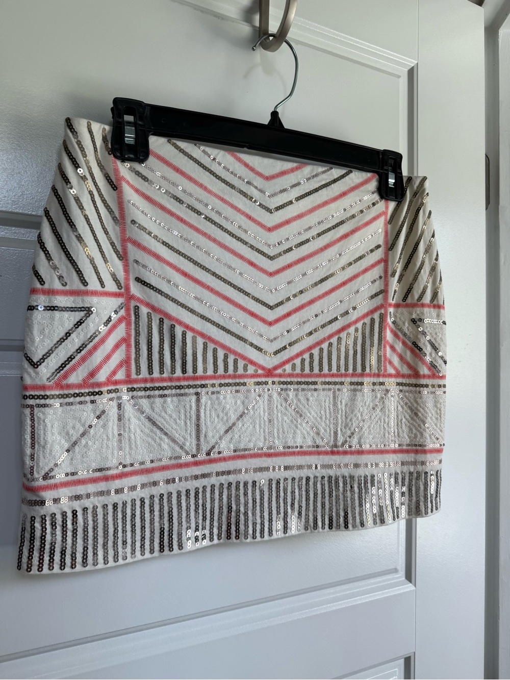 Express White Mini Skirt with Pink and Silver Sequin Geometrics
